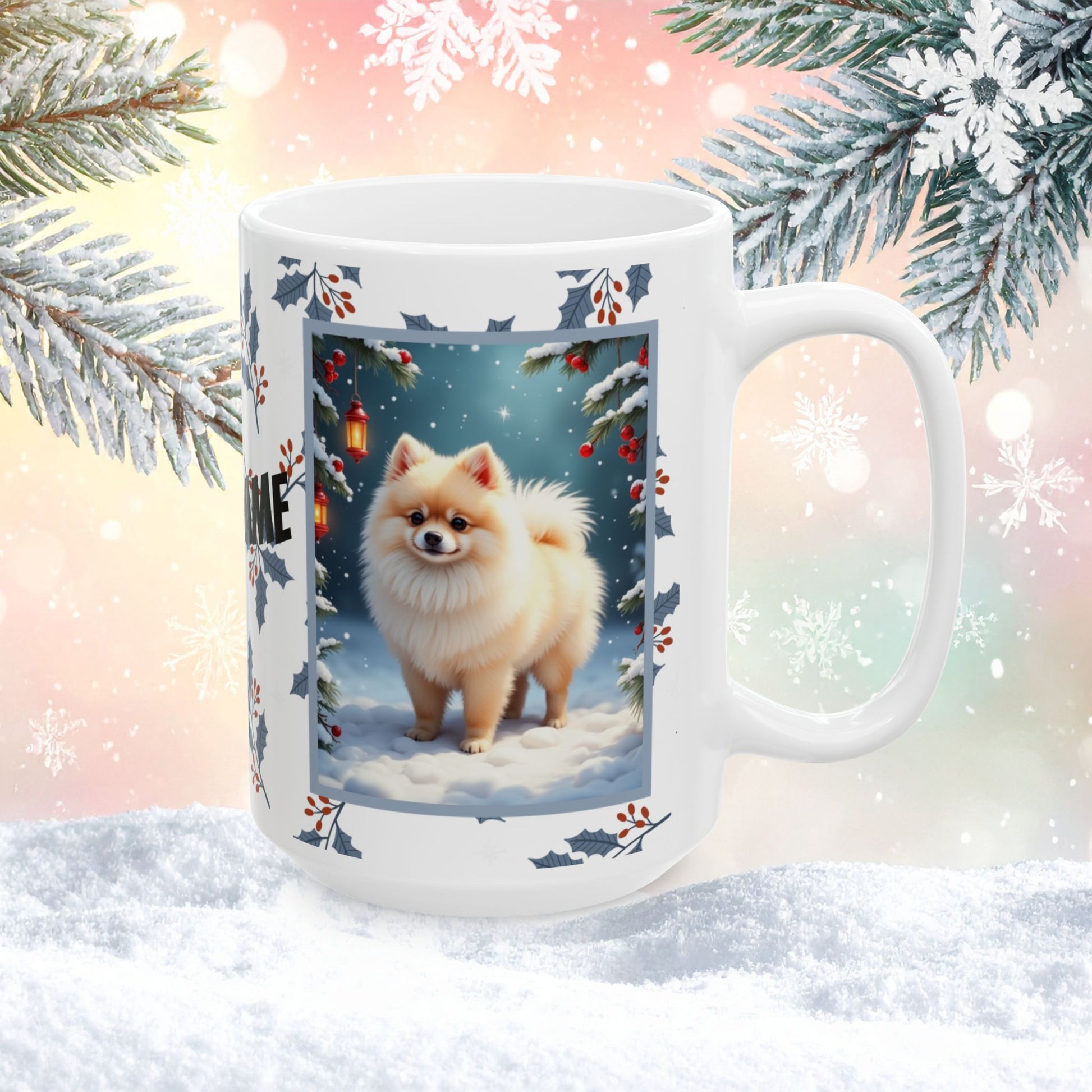 Pomeranian (Cream) Winter Mug - cream pomeranian artwork standing in a bright winter setting with snow