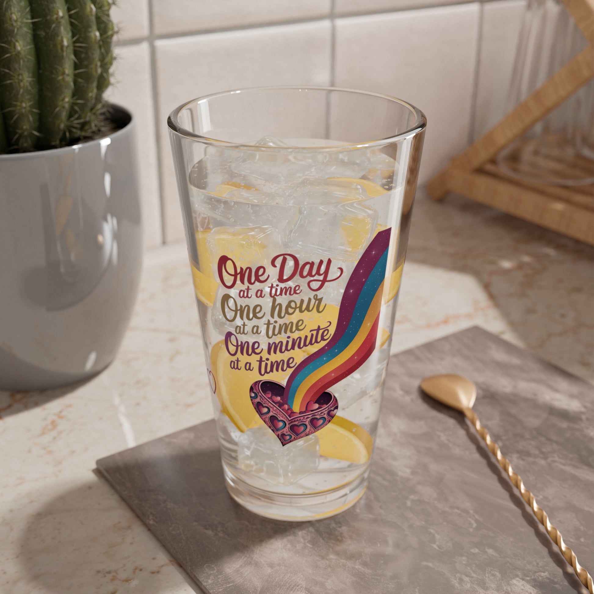 One Day At A Time One Hour At A Time: Personalized Valentine's Day Affirmation Pint Glass – Valentine's Day Self-Care Gift, Mindful Positivity Drinkware