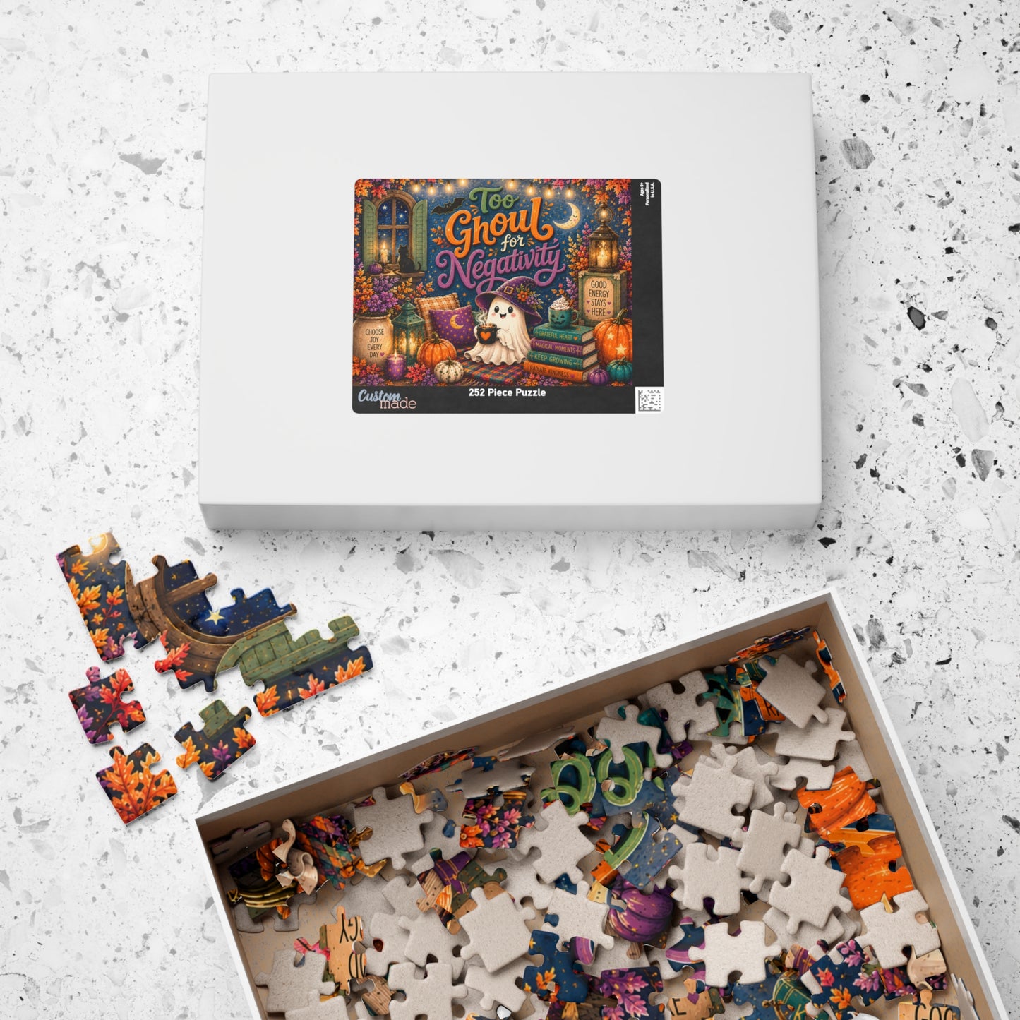 Too Ghoul for Negativity Halloween Puzzle - Ghost with Cauldron Mug, Good Energy Stays Here Sign, and Gratitude Books