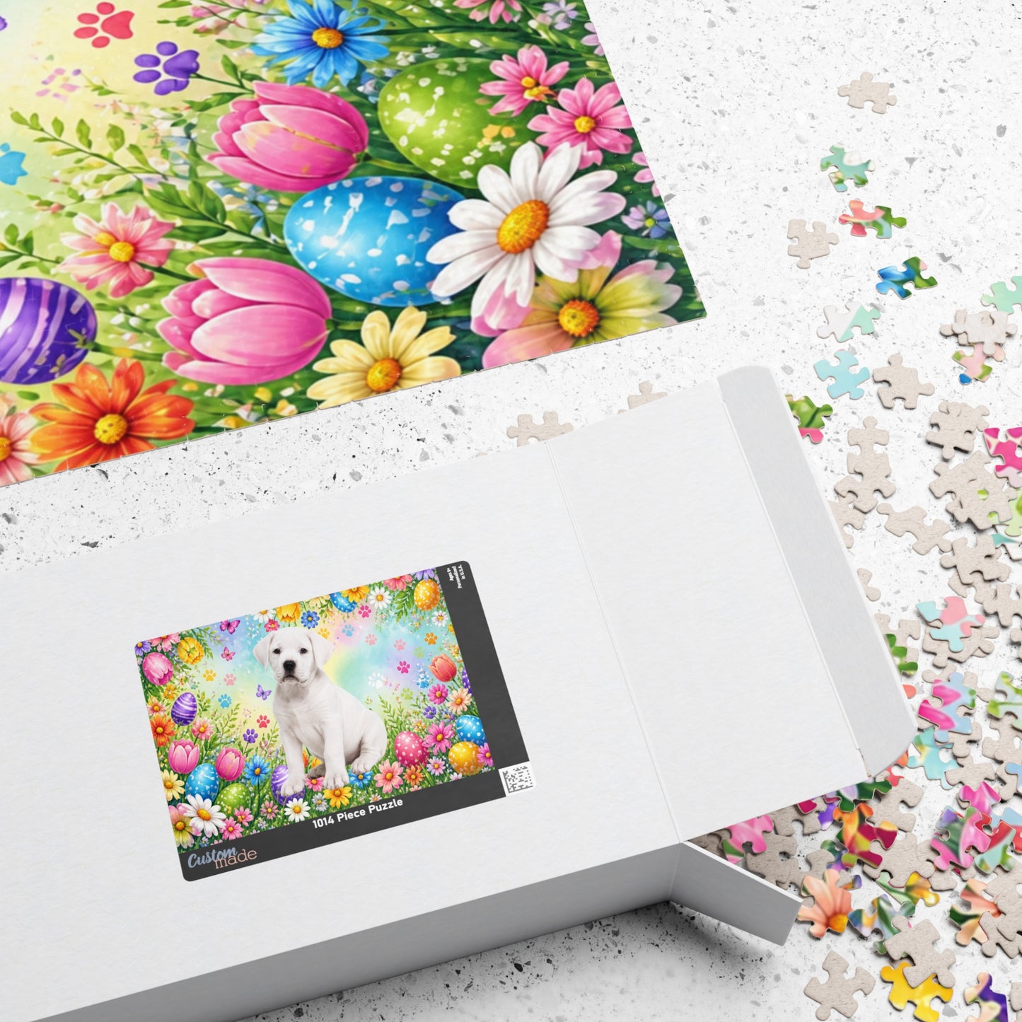 Rottweiler (White) Easter Puppy Puzzle - Spring Garden with Eggs, Tulips, and Butterflies