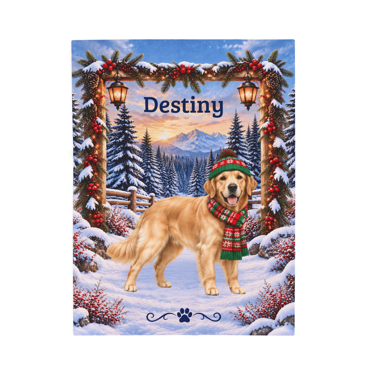 Golden Retriever (Light Golden Coat) - Personalized Snowy Cabin Throw, Custom Name Dog Dad Blanket