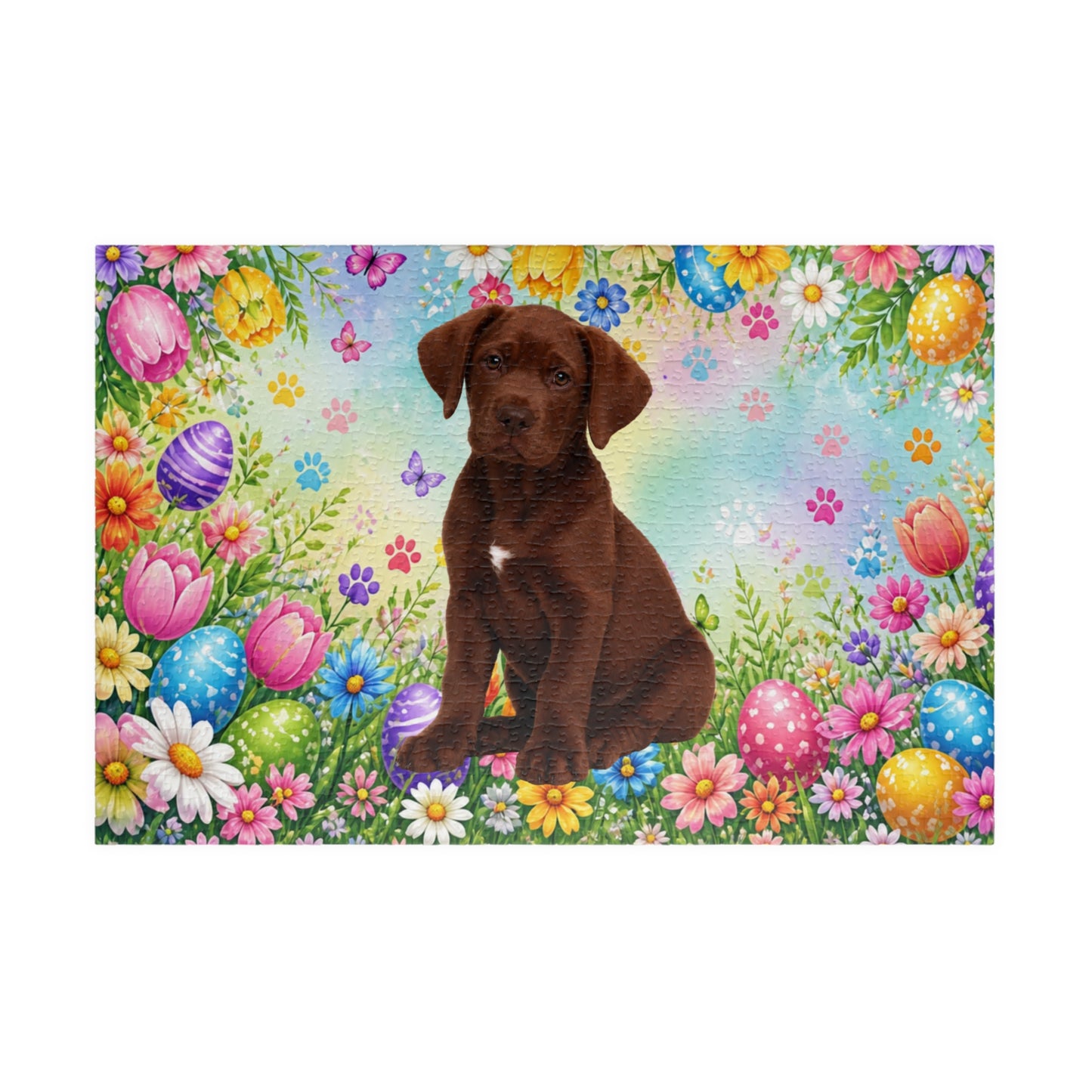 Great Dane (Chocolate) Easter Puppy Puzzle - Spring Garden with Eggs, Tulips, and Daisies