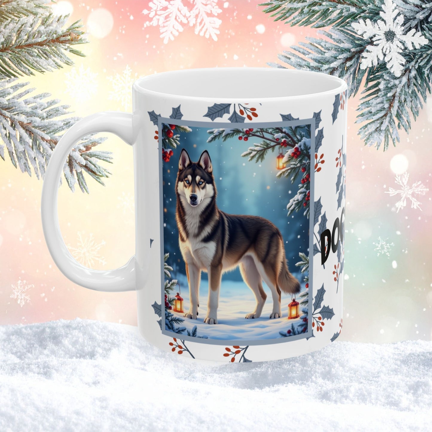 Husky (Agoutti & White) Winter Mug - agouti and white husky illustrated standing in a winter scene with snow and pine trees