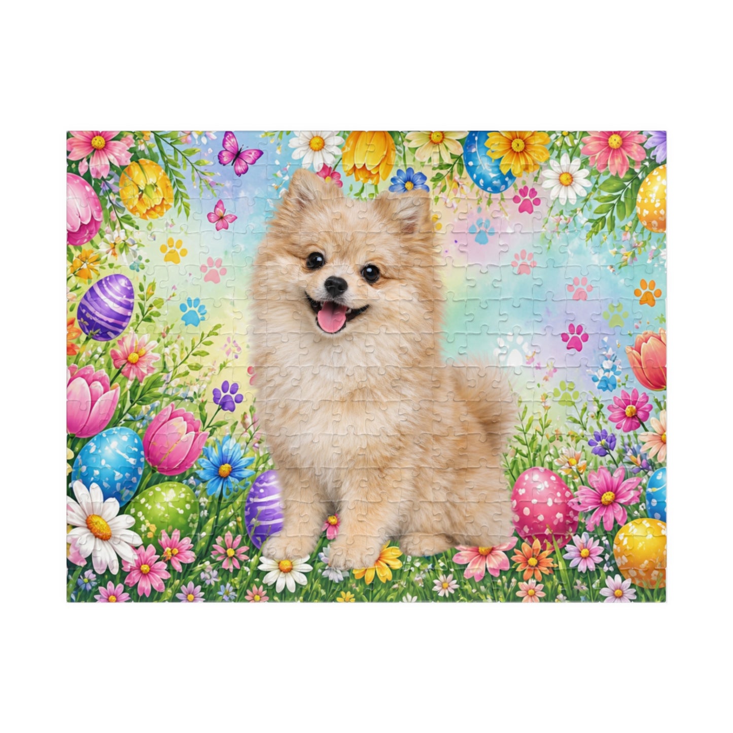 Pomeranian (Cream Merle) Easter Puppy Puzzle - Spring Garden with Eggs, Tulips, and Daisies