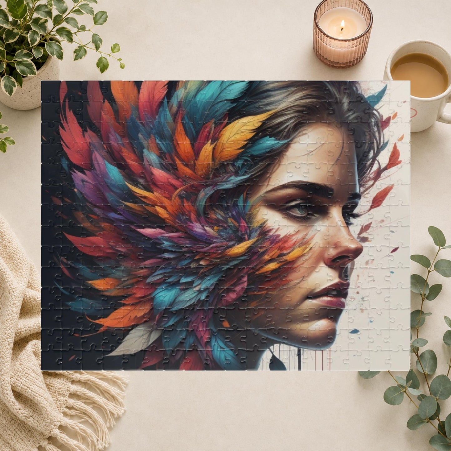 Resilience Palette - Woman's Portrait Puzzle with Colorful Feathers Exploding from Dark Background