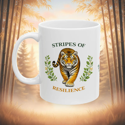 Shop our stripes of resilience tiger mug featuring the 15oz style option from MySisterIsASurvivor.
