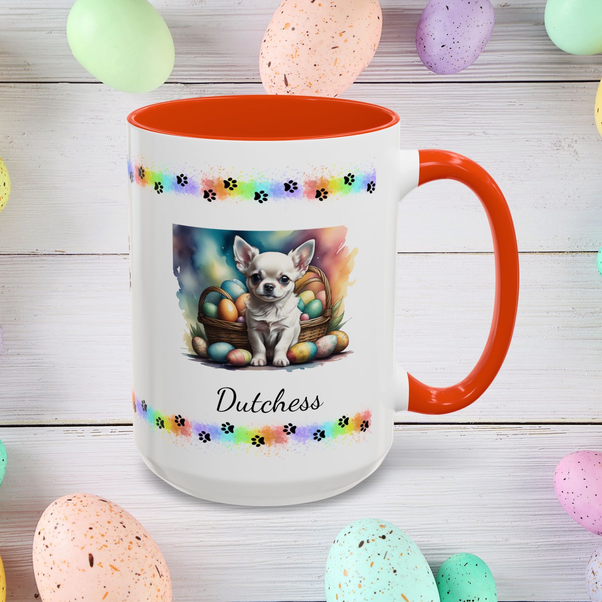 Chihuahua (White): Personalized Easter Puppy Coffee Mug - Adorable Dog Design, Mental Health Gift, 11oz & 15oz, 12 Color Choices, Easter Gifts & Décor