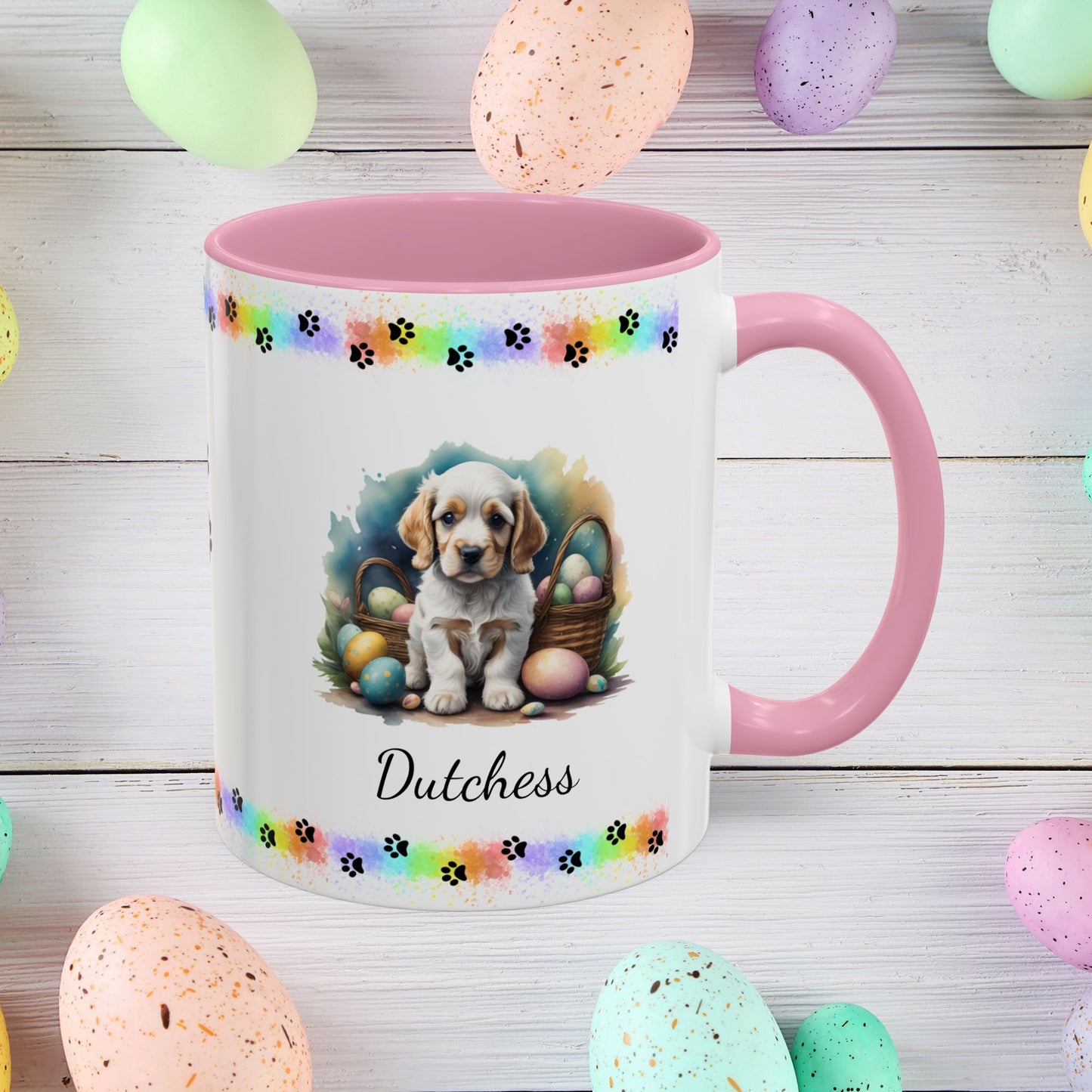 Cocker Spaniel (Orange & White): Personalized Easter Puppy Coffee Mug - Adorable Dog Design, Mental Health Gift, 11oz & 15oz, 12 Color Choices, Easter Gifts & Décor
