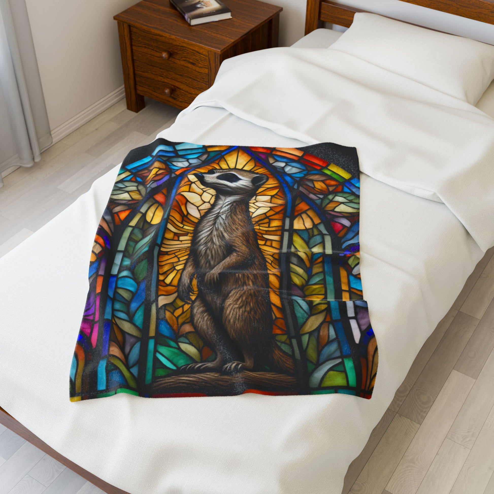 A playful meerkat blanket featuring stained glass-inspired art and cozy plush warmth.
