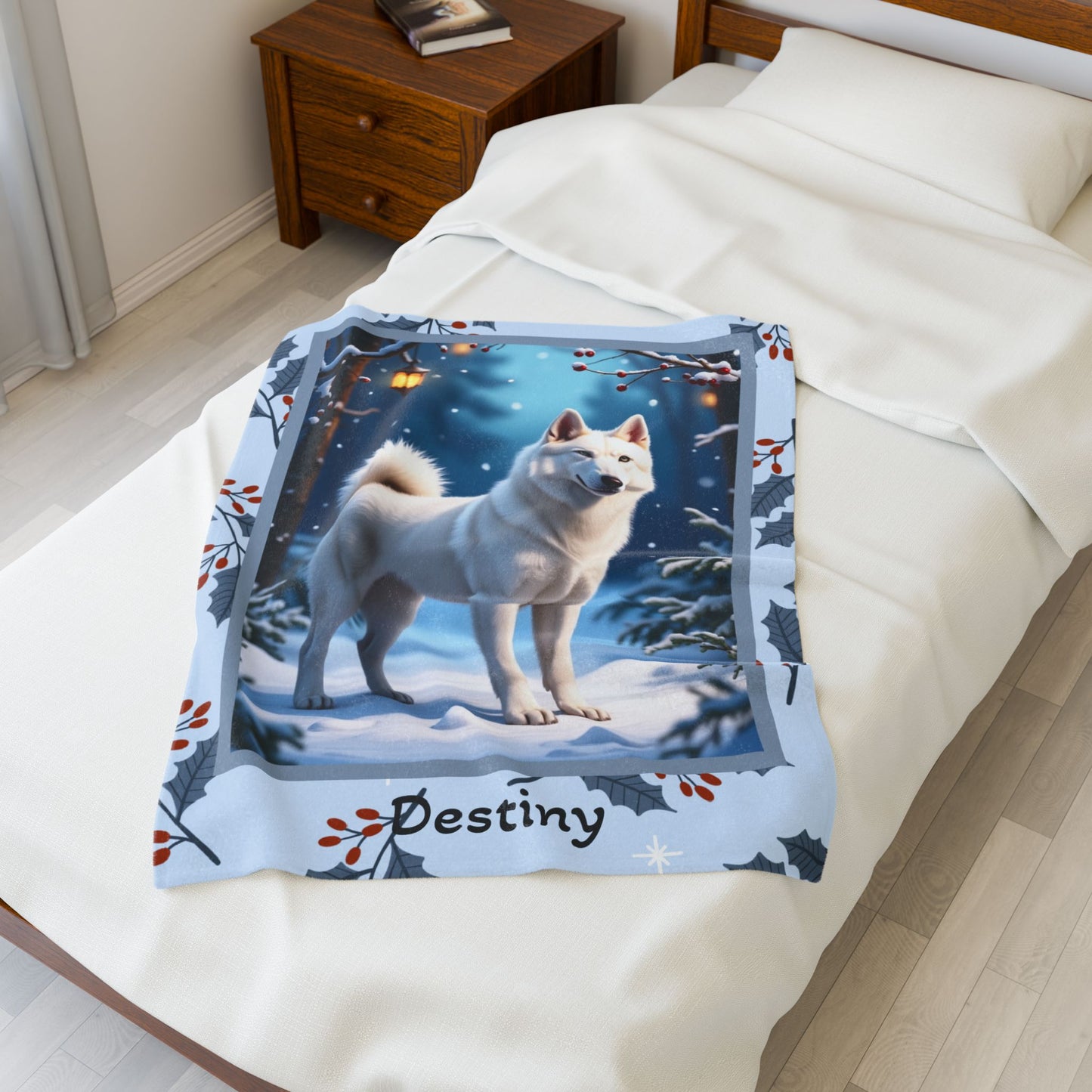 Husky White custom winter blanket showing a white Husky in a bright cheerful lodge winter illustration