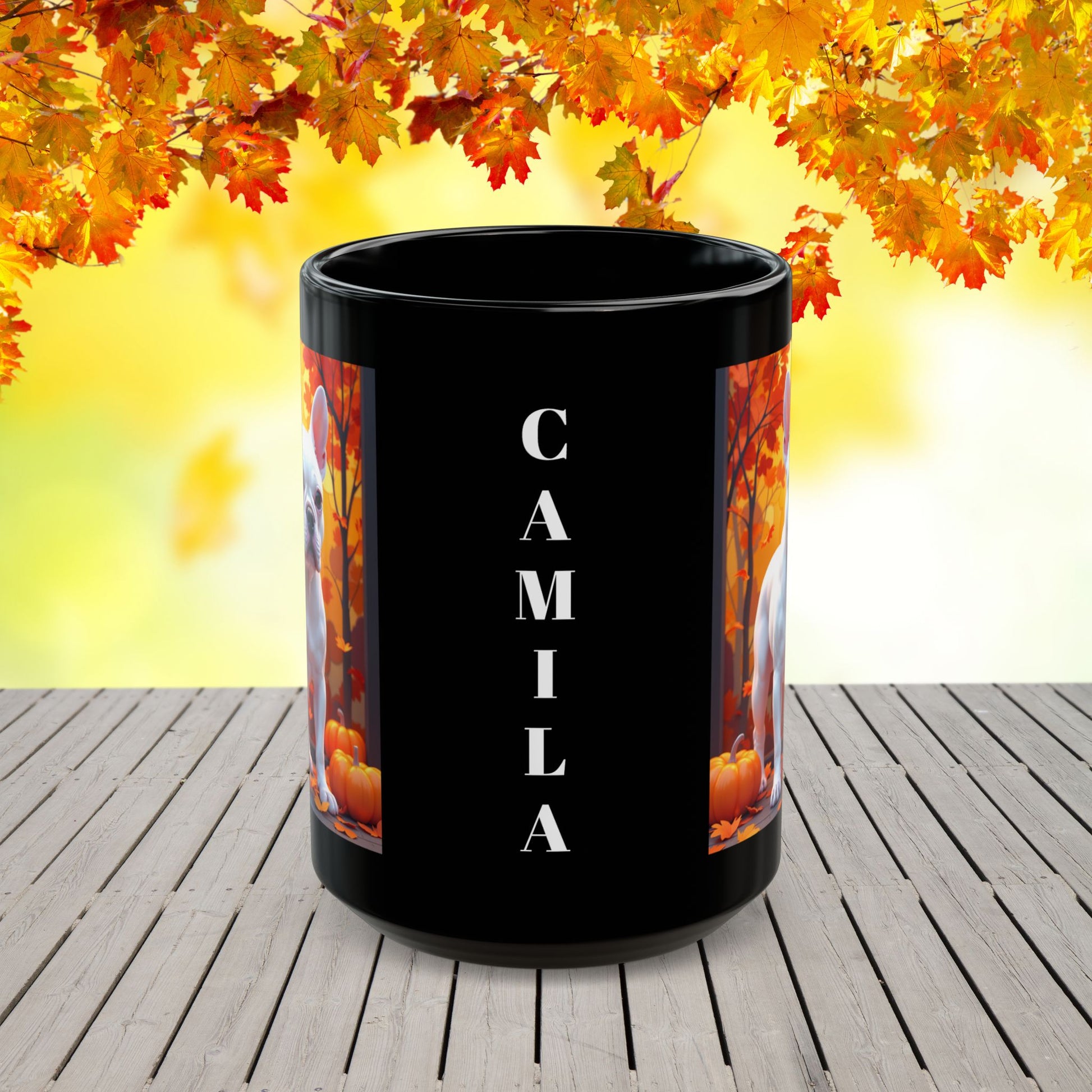 White French Bulldog Autumn Black Mug - Cozy fall dog breed coffee cup gift