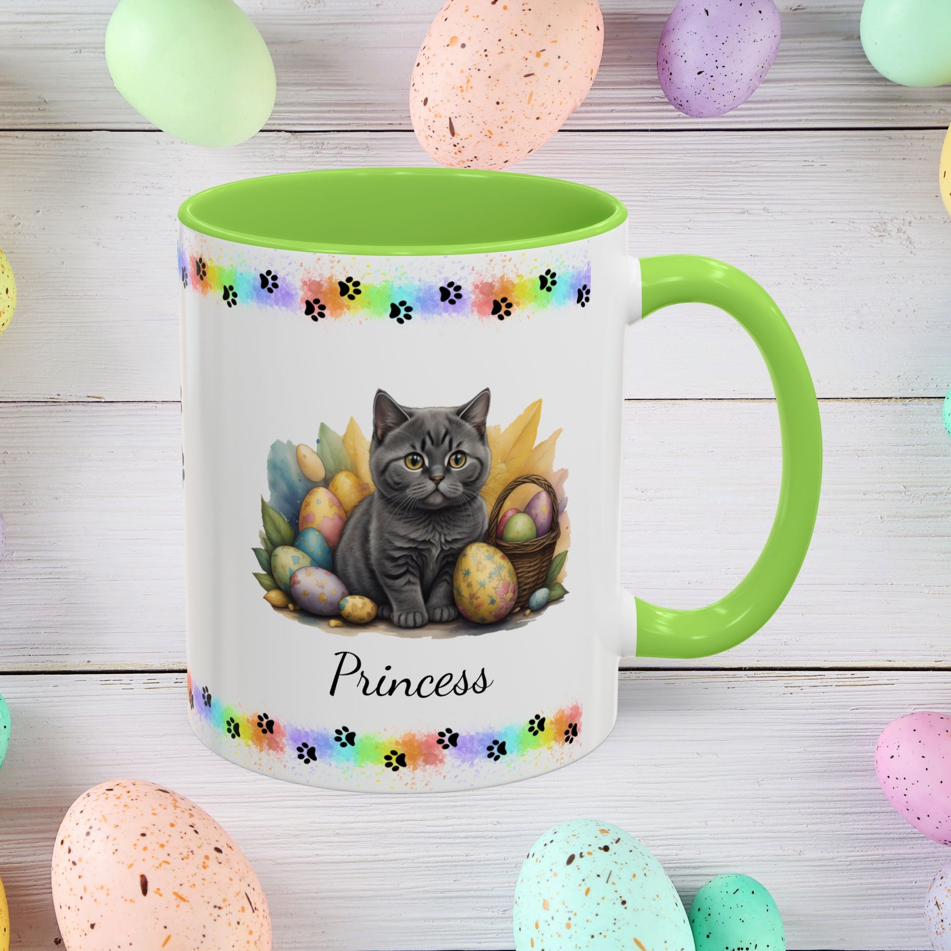 British Shorthair: Personalized Easter Kitten Coffee Mug - Adorable Cat Design, Mental Health Gift, 11oz & 15oz, 12 Color Choices, Easter Gifts & Décor