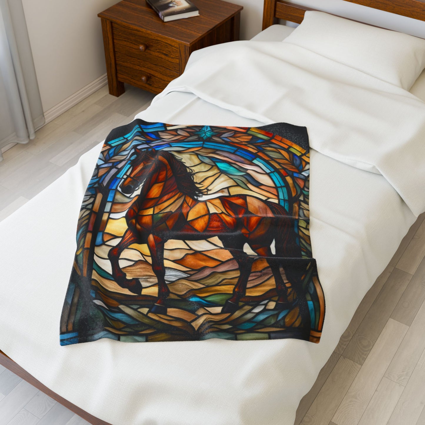 A peaceful horse blanket designed with stained glass art for relaxation and mindfulness.