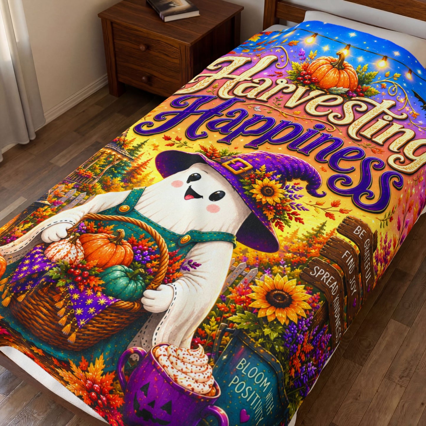 Harvesting Happiness Velveteen Blanket - Ghost with Pumpkin Basket and Be Grateful Find Joy Spread Kindness Sign