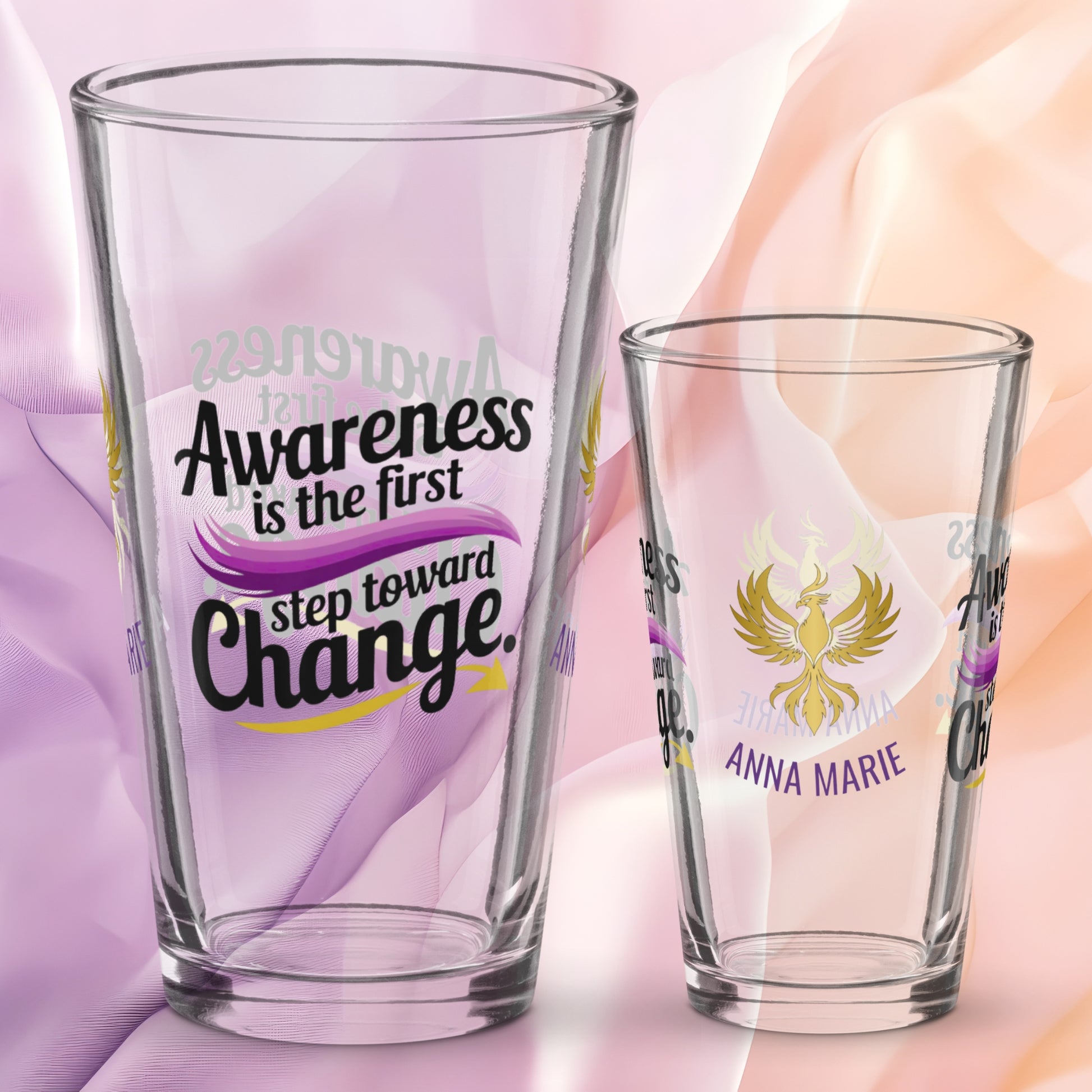 Awareness Is the First Step Toward Change pint glass with empowering quote, domestic violence awareness gift