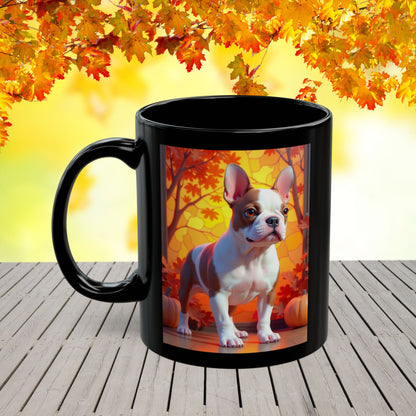 French Bulldog Red Pied - Autumn black mug, seasonal Frenchie lover gift for dog moms and dads