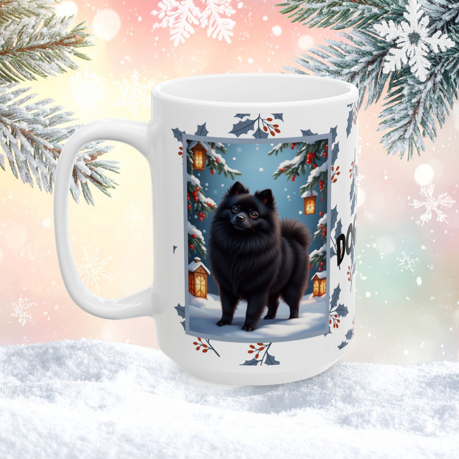 Pomeranian (Black) Winter Mug - black pomeranian artwork standing in a cozy winter setting with pine accents