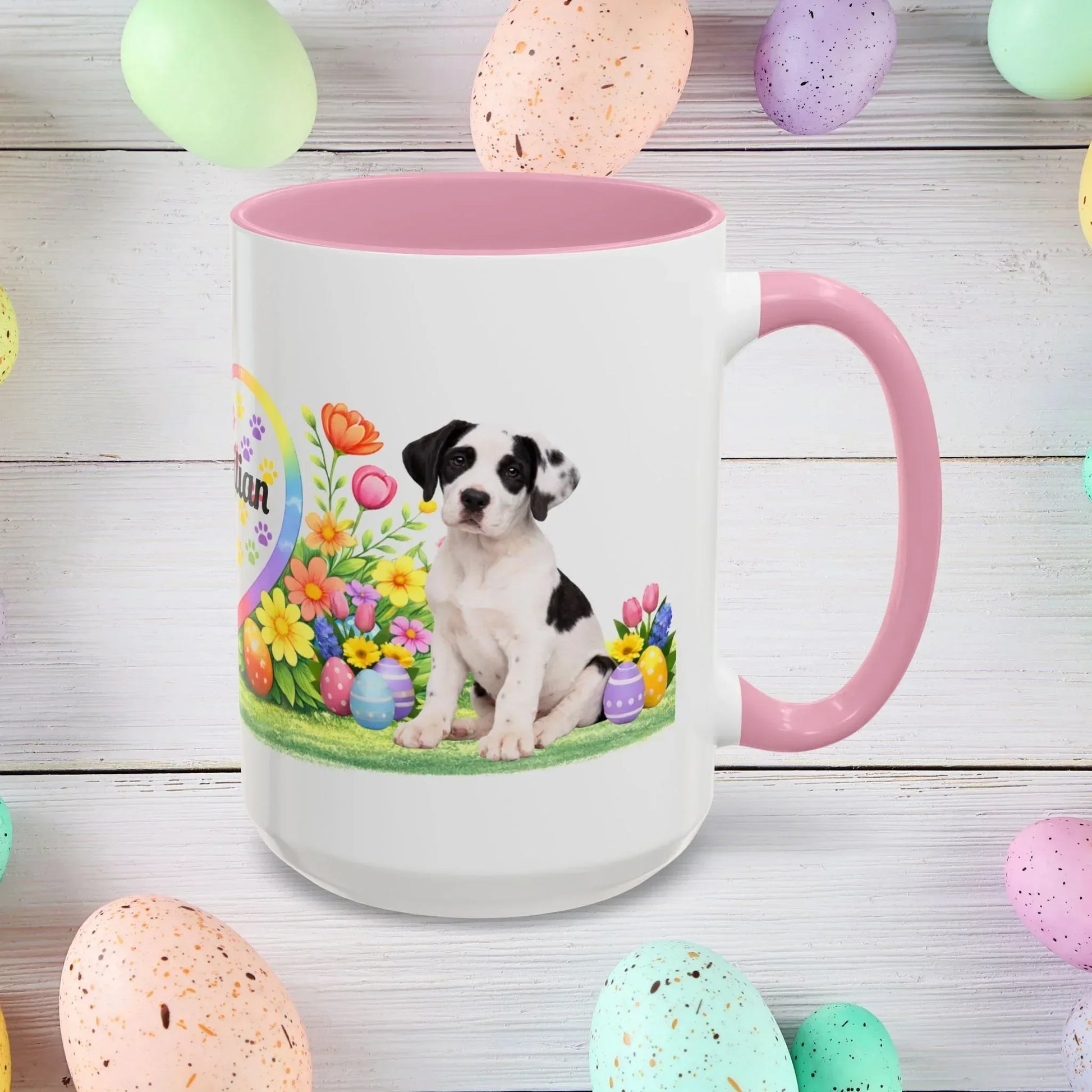 Shop our great dane piebald puppy easter mug featuring the 15oz style option from MySisterIsASurvivor.