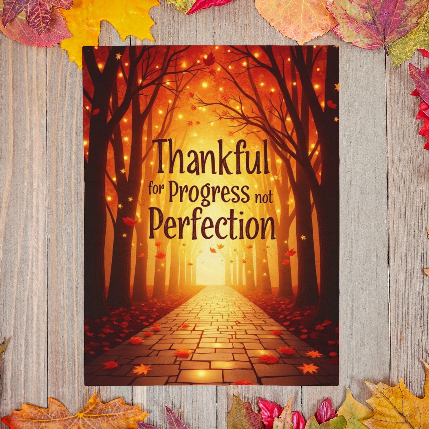 Mindful motivation blanket with “Thankful for Progress, Not Perfection,” calming fall color palette.