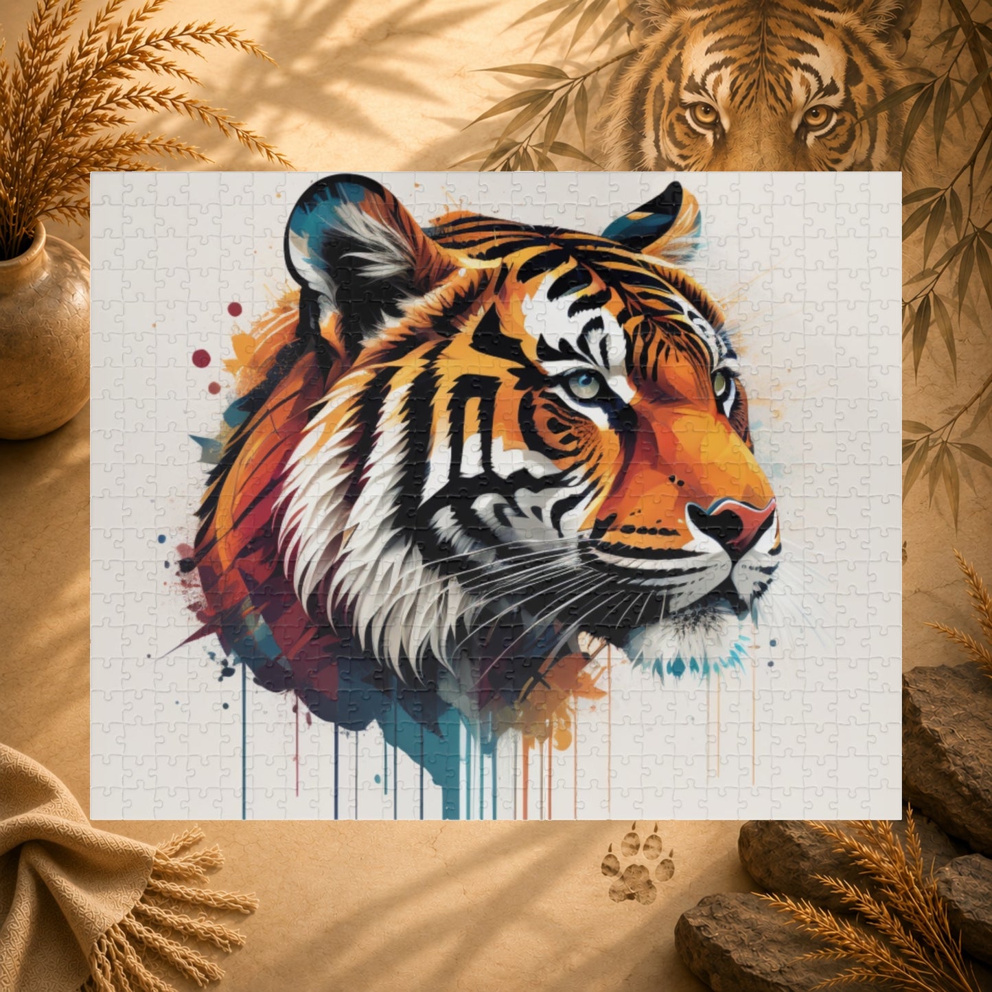 The Tiger Within - Vivid Tiger Portrait Puzzle with Multicolor Paint Splatters on White