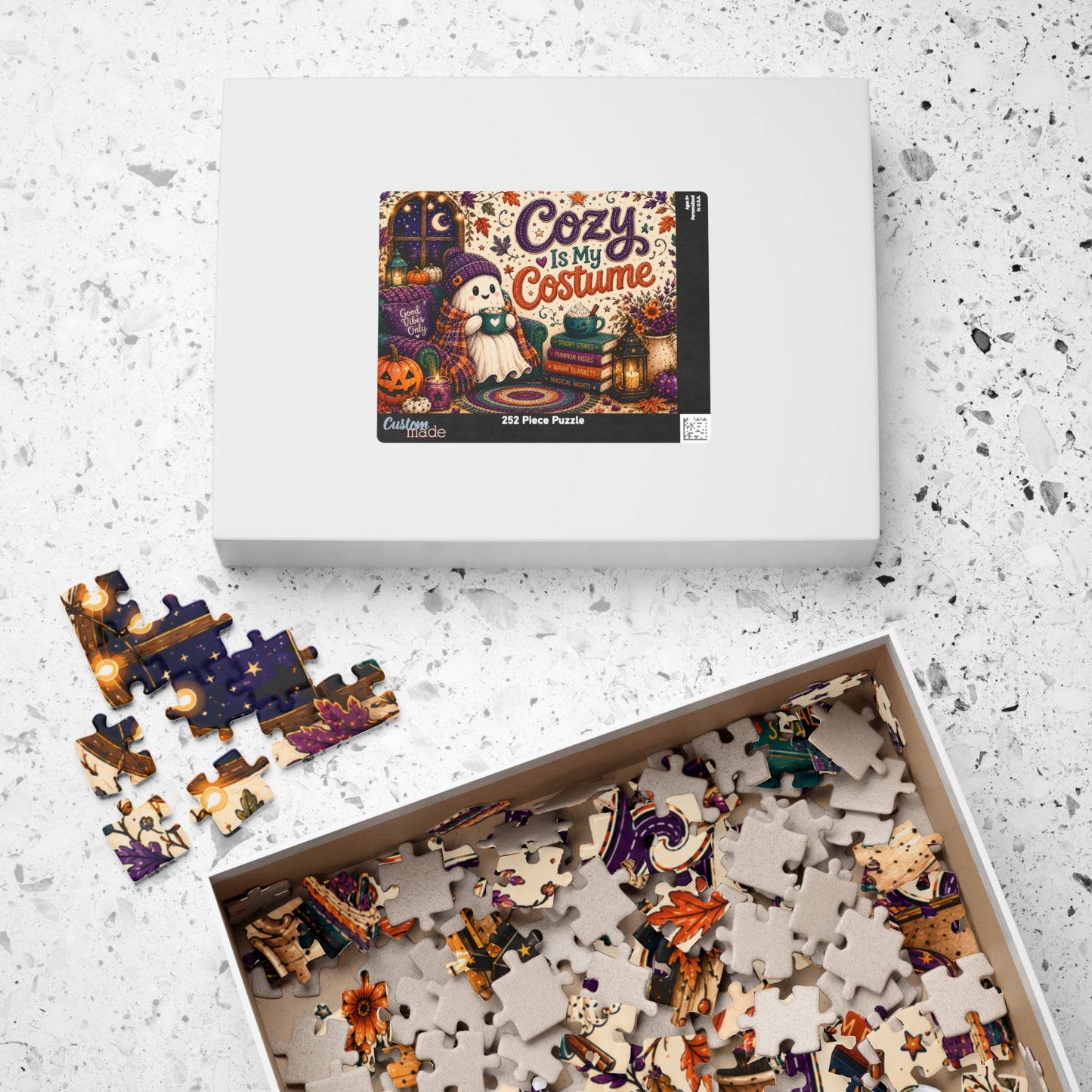 Cozy Is My Costume Halloween Puzzle - Ghost in Beanie with Good Vibes Pillow and Spooky Story Books