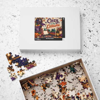 Cozy Is My Costume Halloween Puzzle - Ghost in Beanie with Good Vibes Pillow and Spooky Story Books