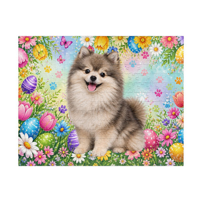 Pomeranian (Wolf Sable) Easter Puppy Puzzle - Spring Garden with Eggs, Tulips, and Butterflies