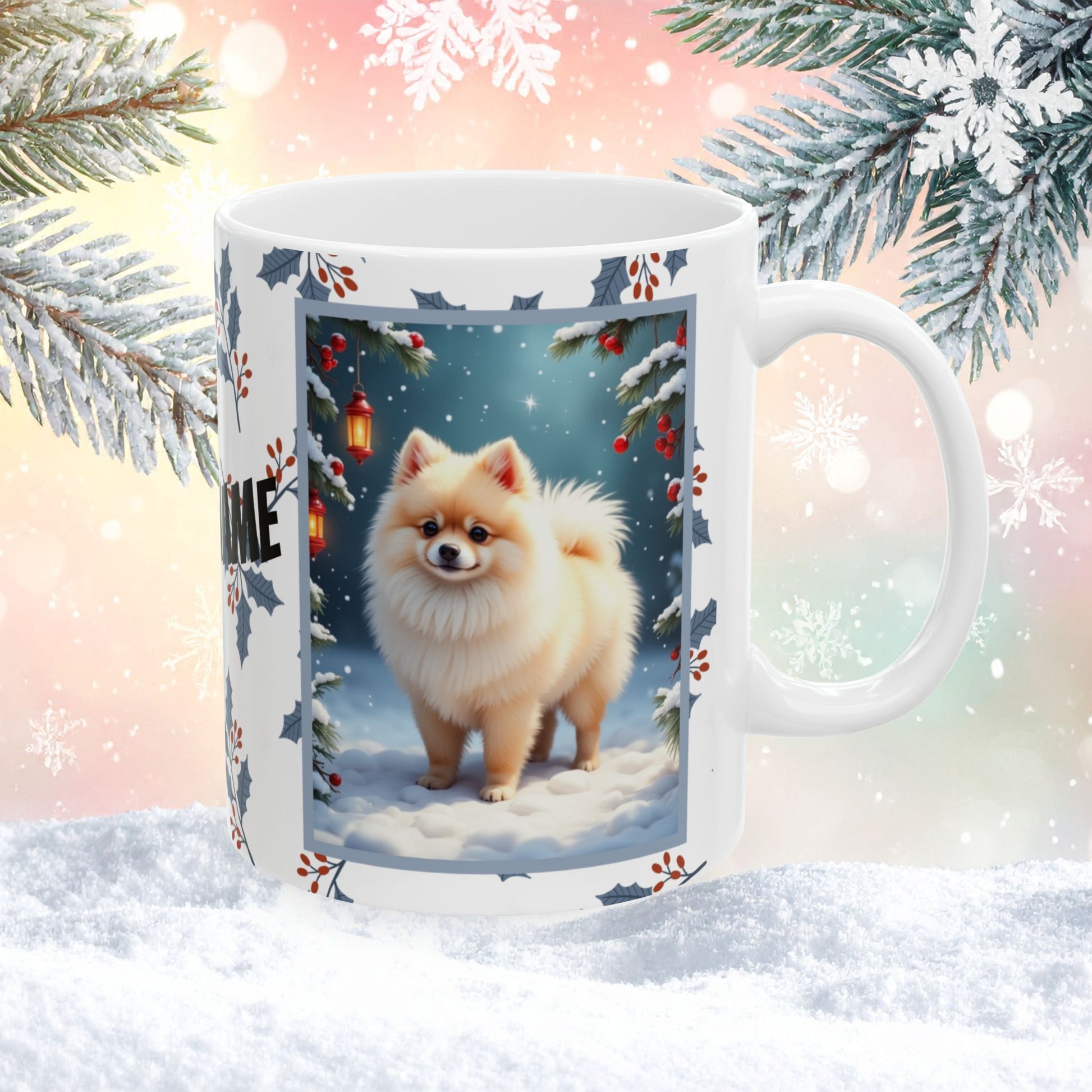 Pomeranian (Cream) Winter Mug - cream pomeranian artwork standing in a bright winter setting with snow