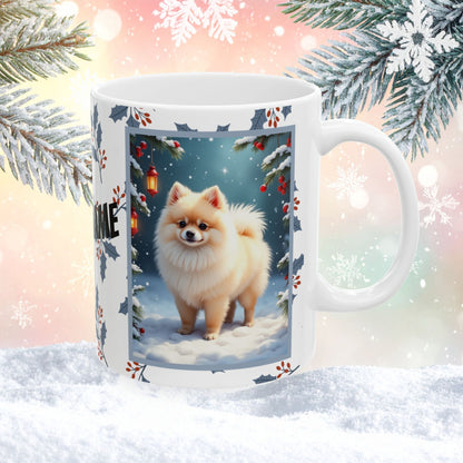 Pomeranian (Cream) Winter Mug - cream pomeranian artwork standing in a bright winter setting with snow
