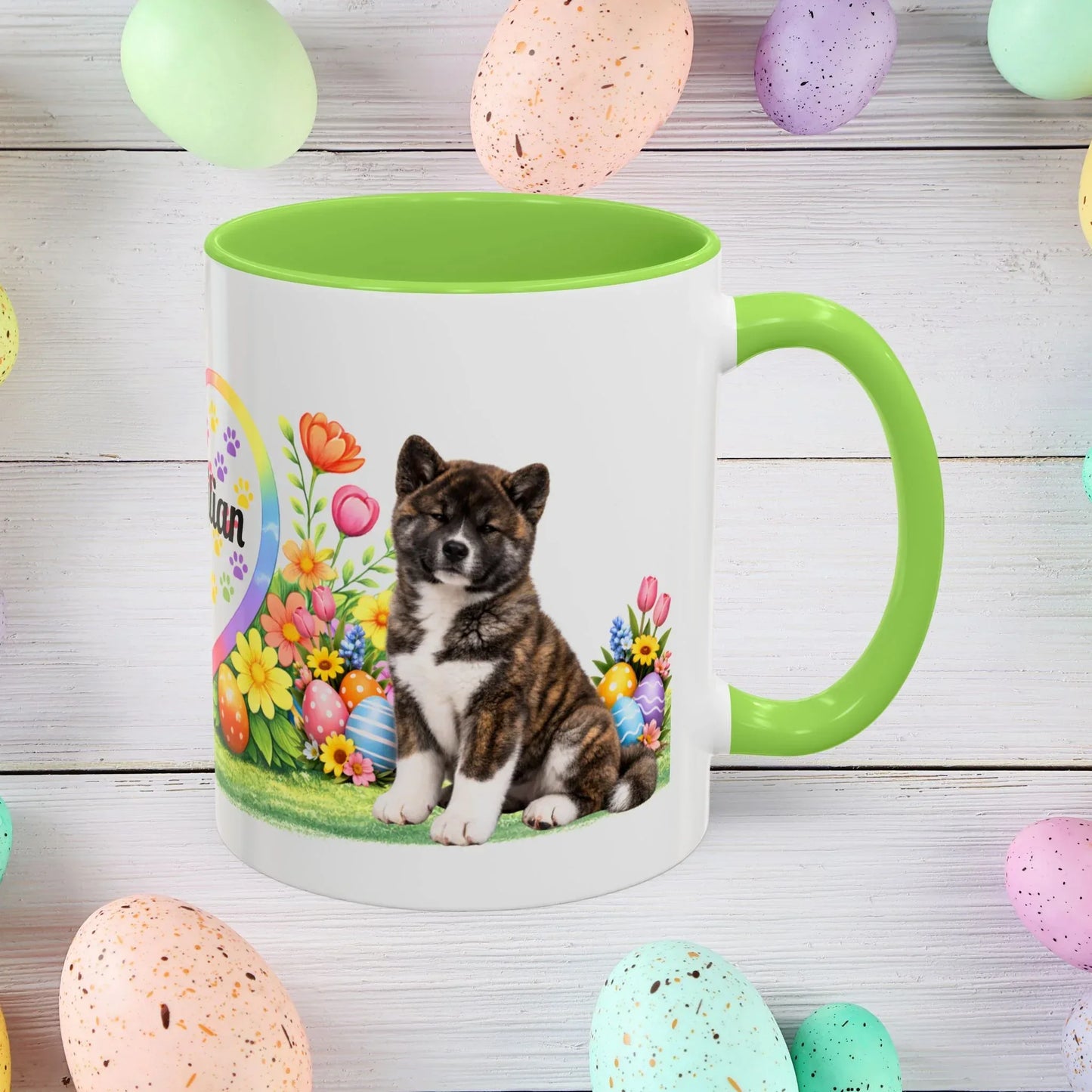 Shop our akita brindle puppy easter mug featuring the 11oz style option from MySisterIsASurvivor.
