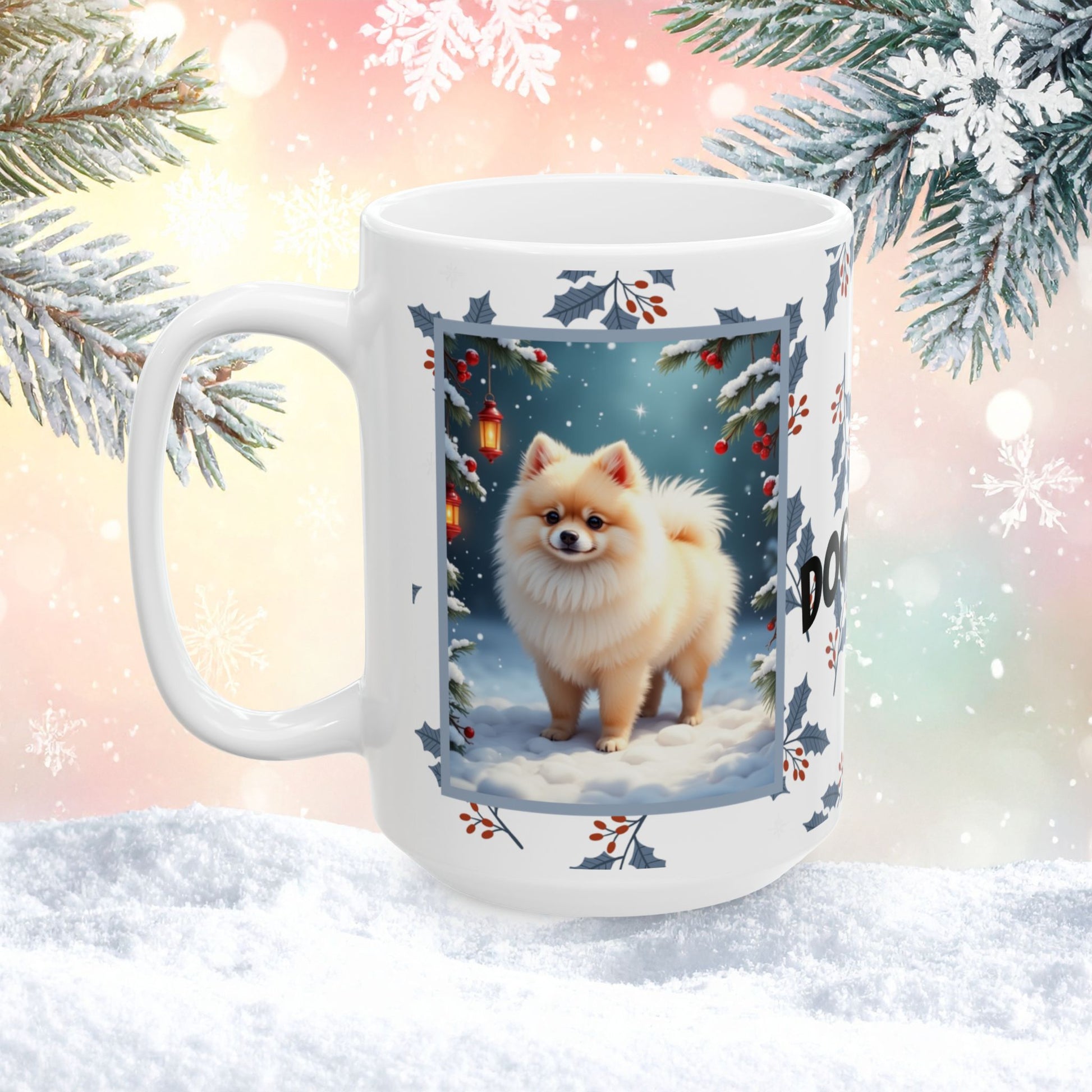 Pomeranian (Cream) Winter Mug - cream pomeranian artwork standing in a bright winter setting with snow