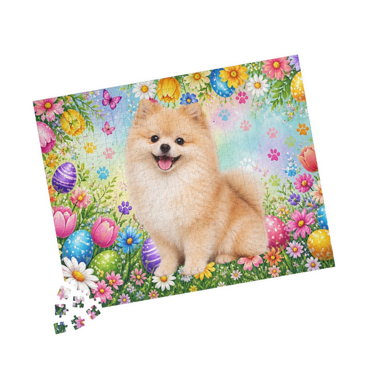 Pomeranian (Cream Sable) Easter Puppy Puzzle - Spring Garden with Eggs, Tulips, and Daisies