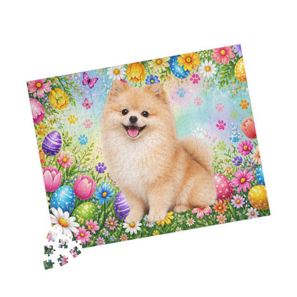 Pomeranian (Cream Sable) Easter Puppy Puzzle - Spring Garden with Eggs, Tulips, and Daisies