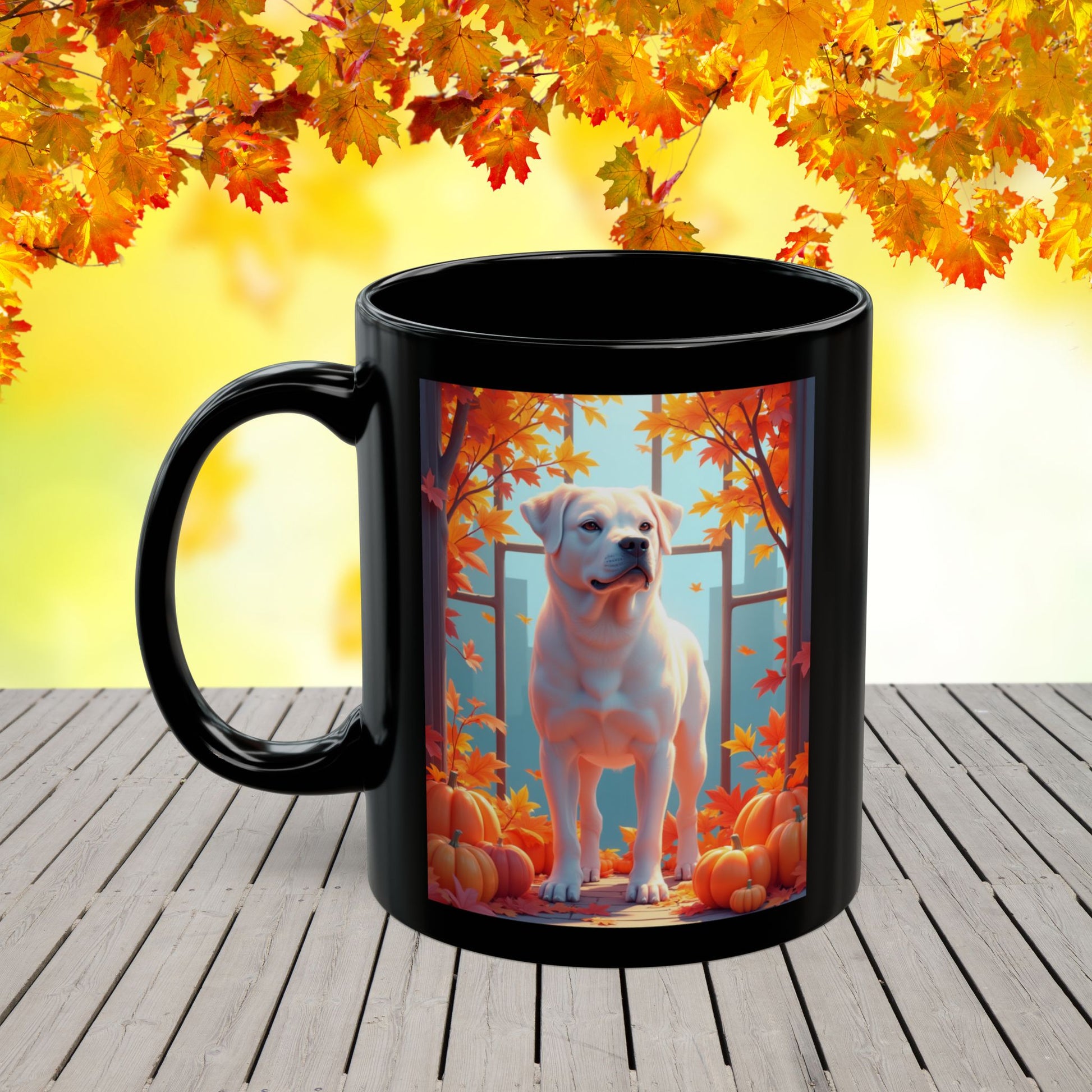 White Rottweiler personalized fall mug, coffee cup for dog lovers, cozy autumn drinkware, custom Rottweiler gift