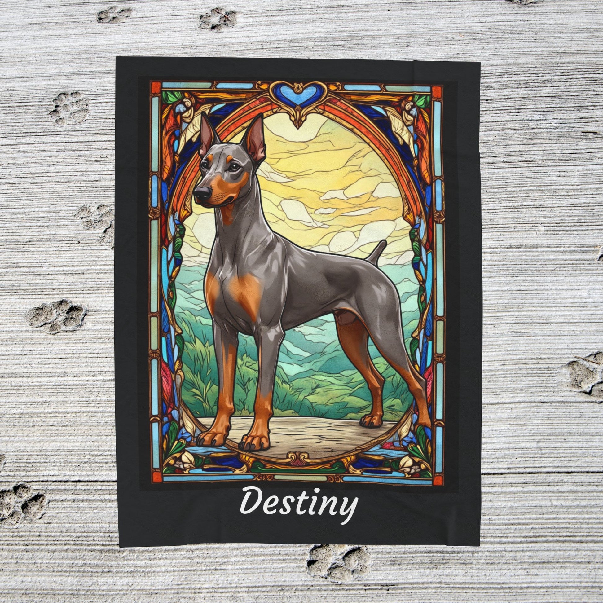 Doberman fawn Isabella and rust velveteen blanket, stained glass dog throw, personalized pet gift - MySisterIsASurvivor