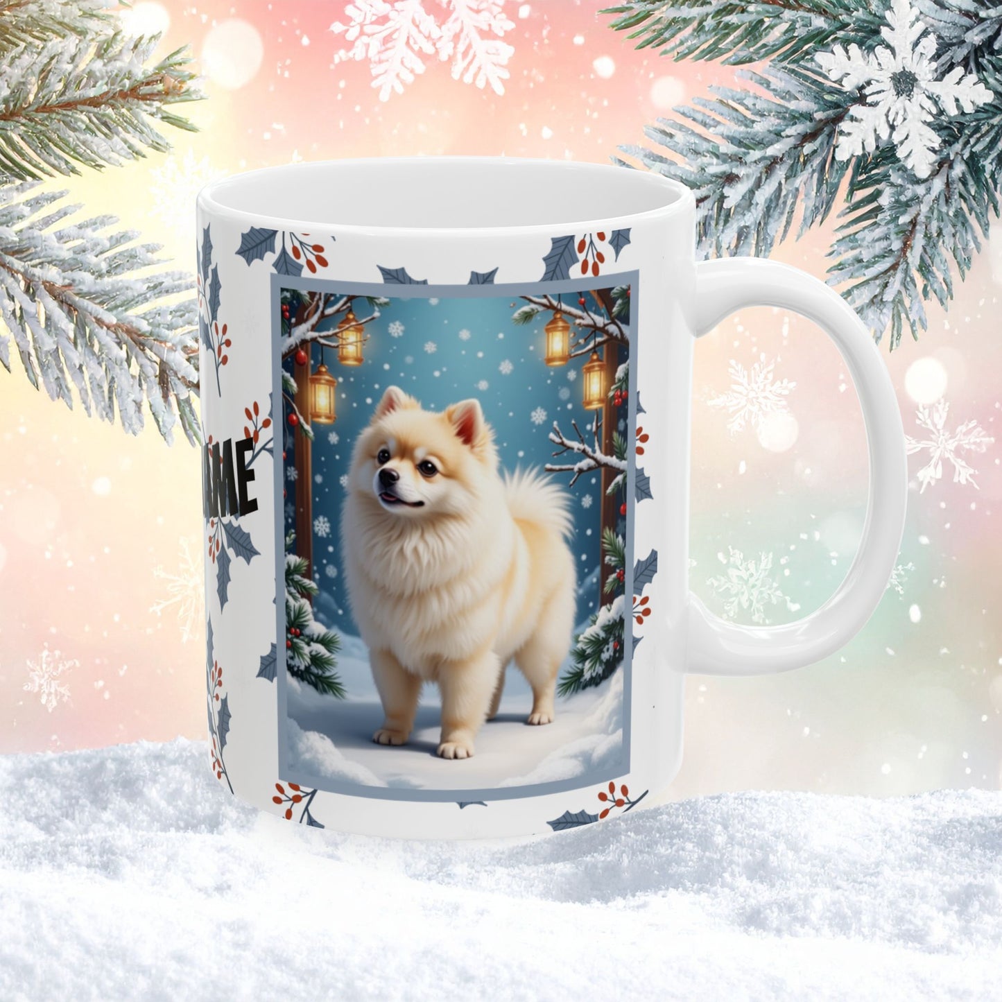 Pomeranian (White & Cream) Winter Mug - white and cream pomeranian artwork standing in a snowy winter setting