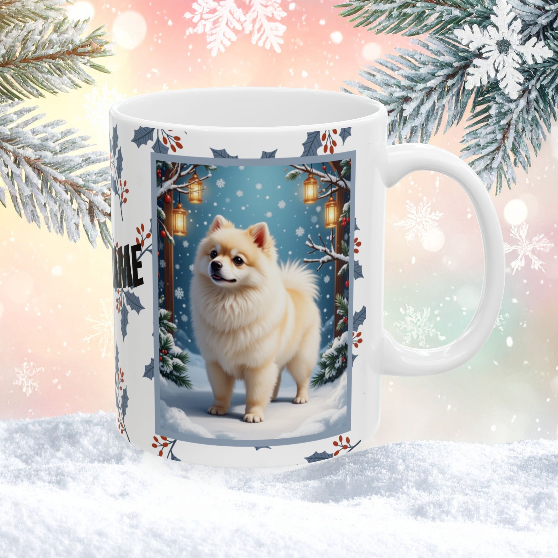 Pomeranian (White & Cream) Winter Mug - white and cream pomeranian artwork standing in a snowy winter setting