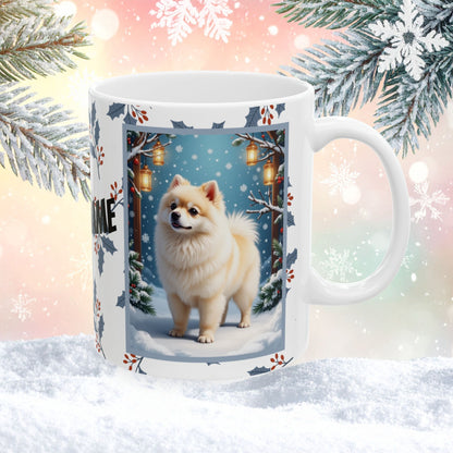 Pomeranian (White & Cream) Winter Mug - white and cream pomeranian artwork standing in a snowy winter setting