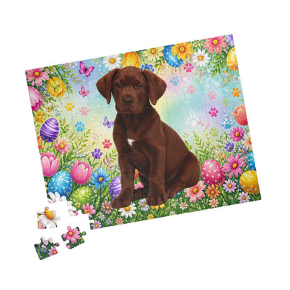 Great Dane (Chocolate) Easter Puppy Puzzle - Spring Garden with Eggs, Tulips, and Daisies