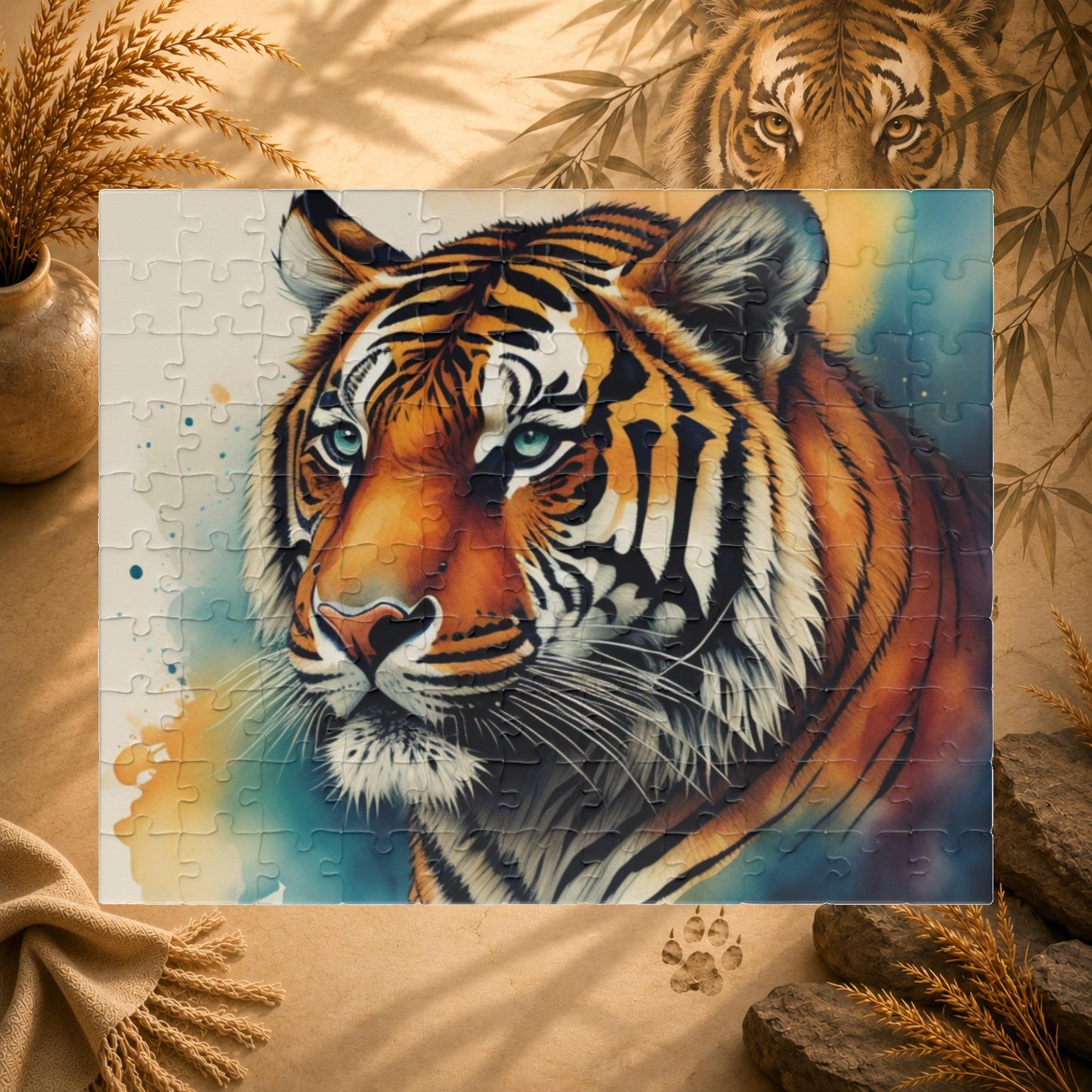 Jigsaw puzzle with a tiger design on a white background