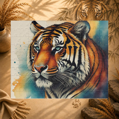 Jigsaw puzzle with a tiger design on a white background