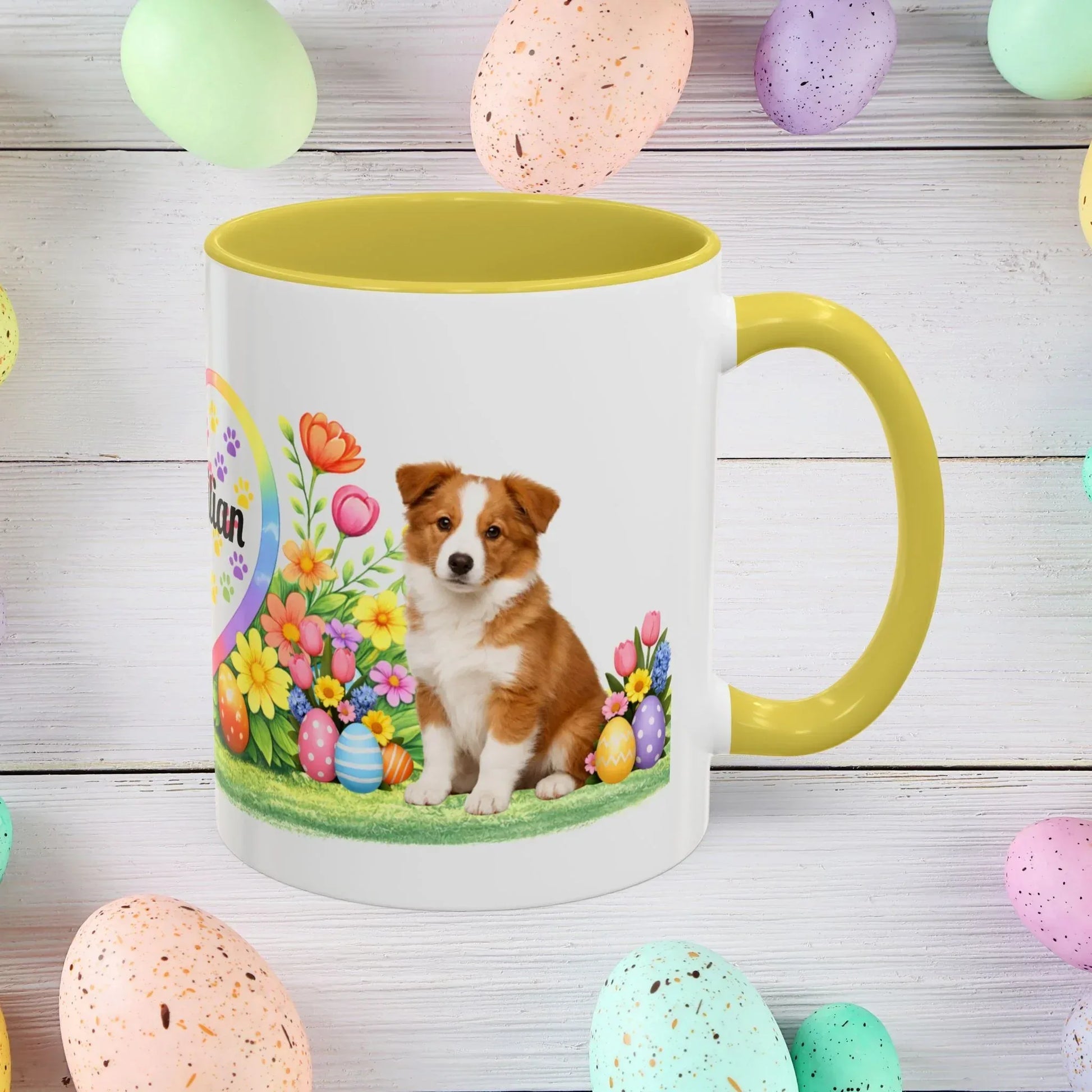 Shop our border collie red white puppy easter mug featuring the 15oz style option from MySisterIsASurvivor.
