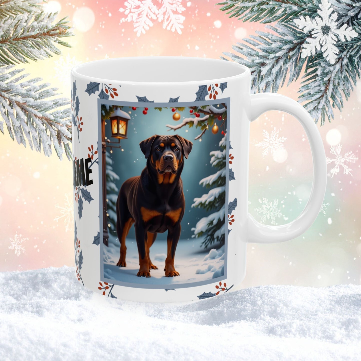 Rottweiler (Chocolate) Winter Mug - chocolate rottweiler artwork standing in a cozy winter scene with snowy background
