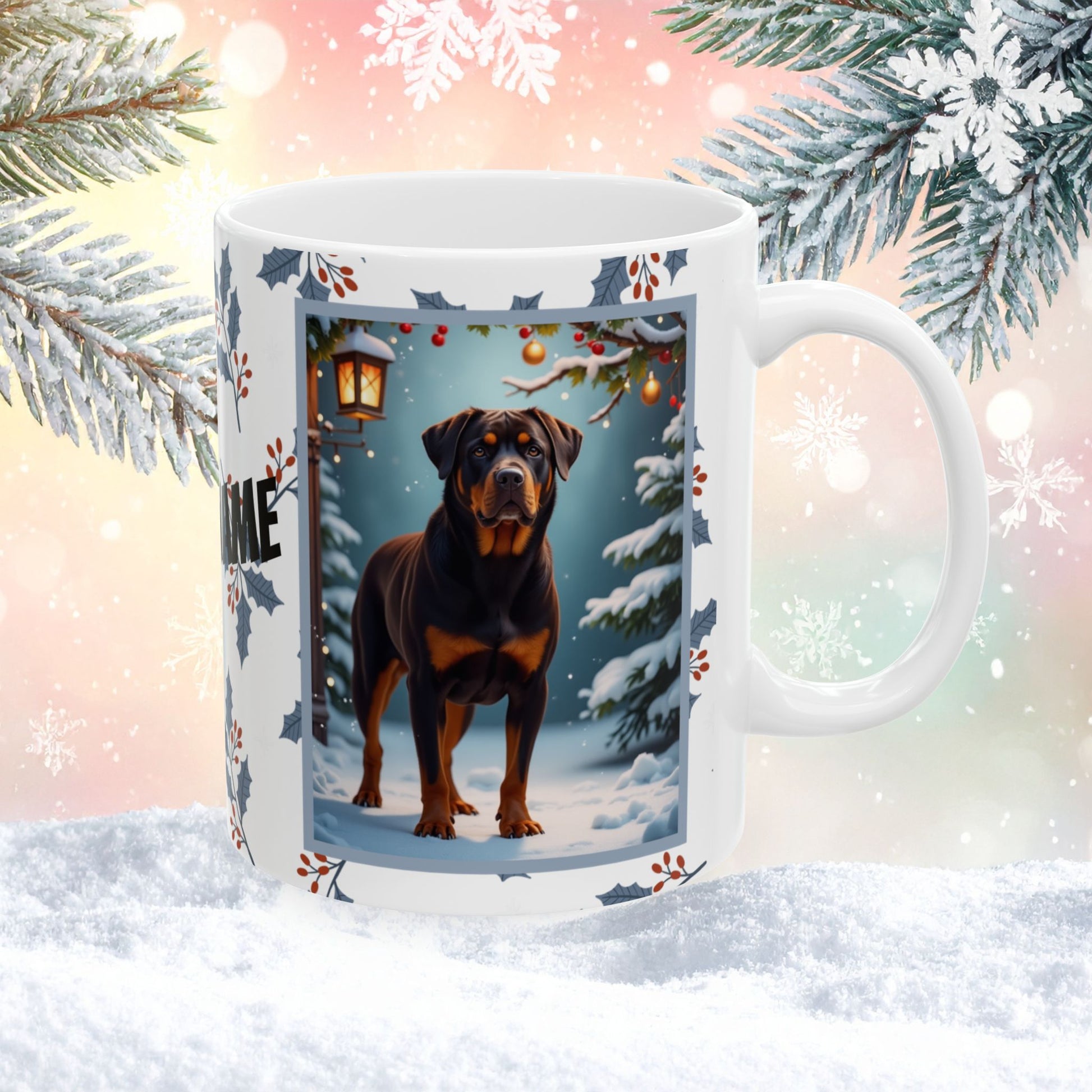 Rottweiler (Chocolate) Winter Mug - chocolate rottweiler artwork standing in a cozy winter scene with snowy background