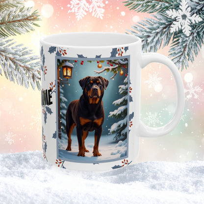 Rottweiler (Chocolate) Winter Mug - chocolate rottweiler artwork standing in a cozy winter scene with snowy background
