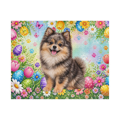 Pomeranian (Chocolate Merle) Easter Puppy Puzzle - Spring Garden with Eggs, Tulips, and Daisies