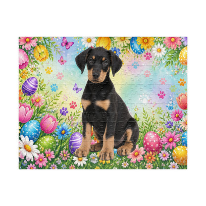 Doberman (Black & Tan) Easter Puppy Puzzle - Spring Garden with Eggs, Tulips, and Daisies