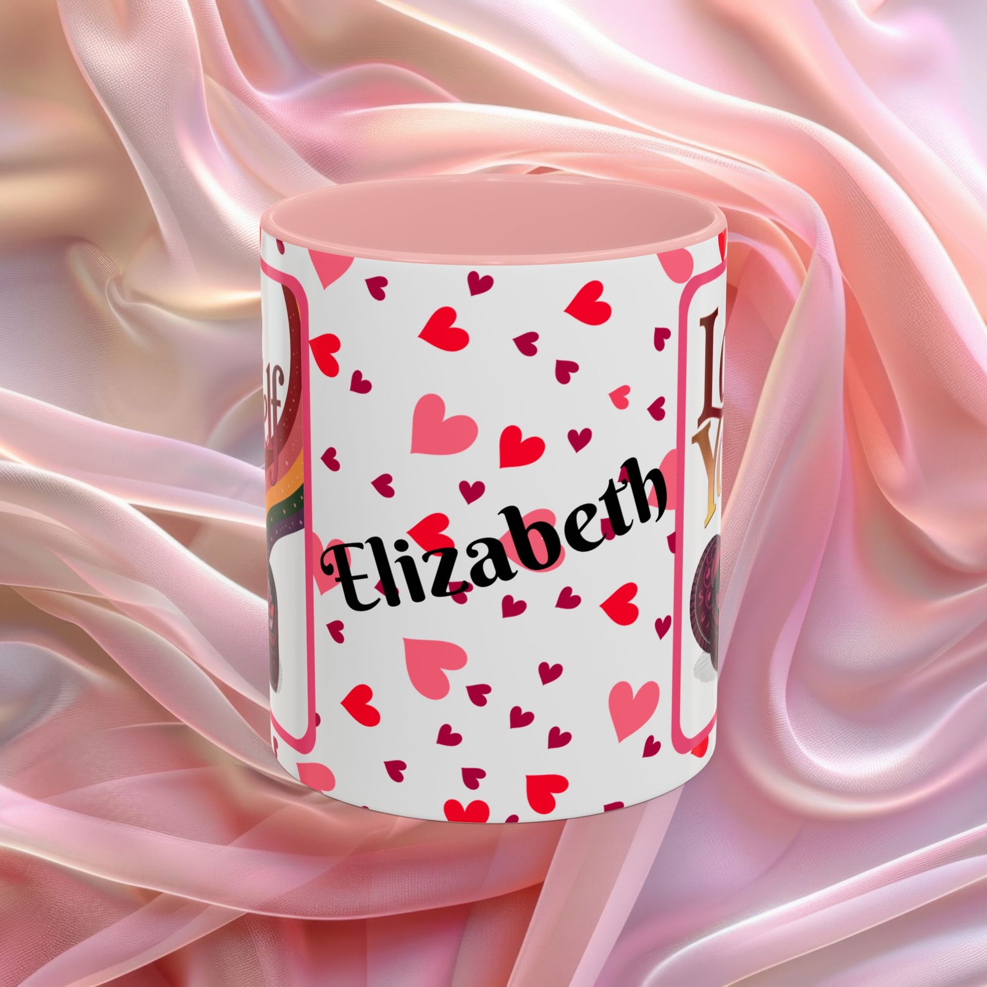 Love Yourself Valentines mug featuring self love message, Valentine themed ceramic coffee cup