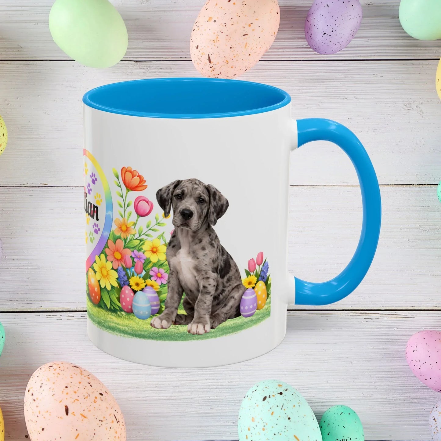 Shop our great dane merle puppy easter mug featuring the 11oz style option from MySisterIsASurvivor.