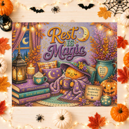 Rest Is Magic Halloween Puzzle - Cozy Pumpkin with Moon Mug, You Deserve Rest Sign, and Magical Books